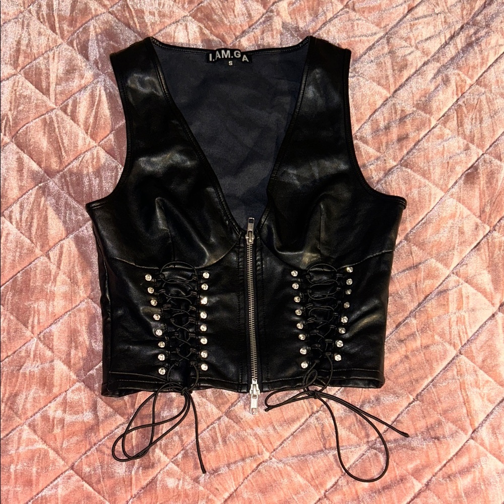 I.AM.GIA Black Lace-Up Faux Leather Vest